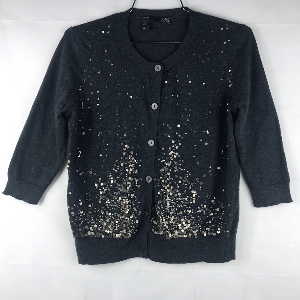 Eileen Fisher: cashmere blend 3/4 sleeve cardigan metal beads Petite SMALL